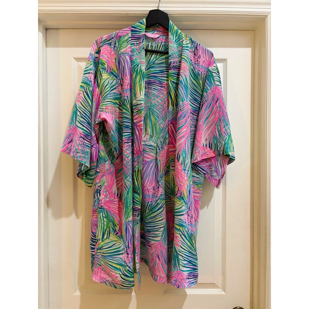 Lilly Pulitzer Silk Satin Floral Tropical Kimono Robe 3/4 Sleeve Button Front